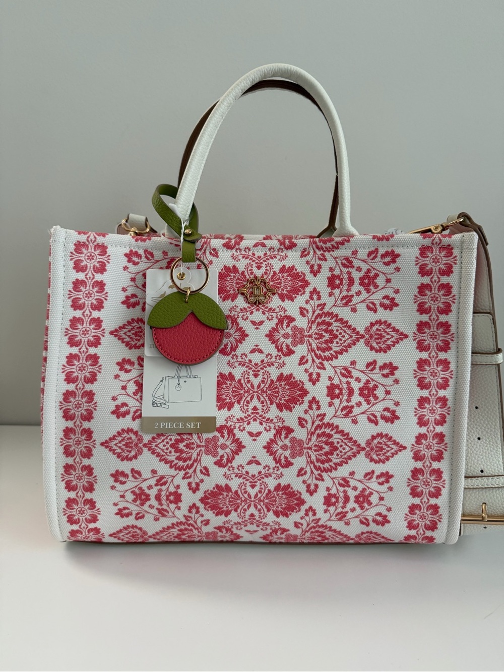 Floral Jacquard Tote Bag with Cherry Charm - White & Pink